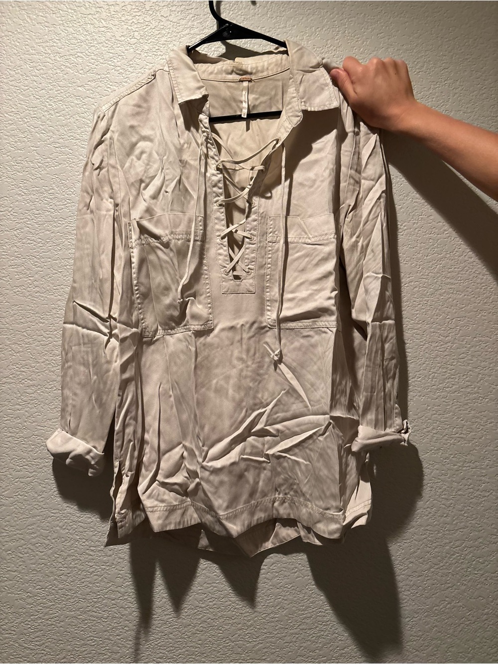 Free People Cream Lace-Up Tunic Blouse